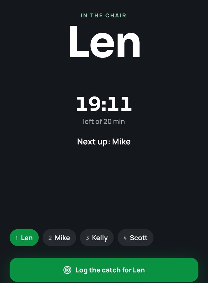 Who's in the chair in the Game Day Manager app: Len in the chair, 19:11 left, next up Mike