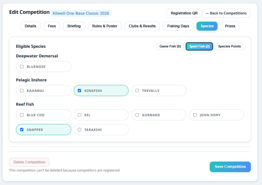 Species tab: sport fish with minimum lengths