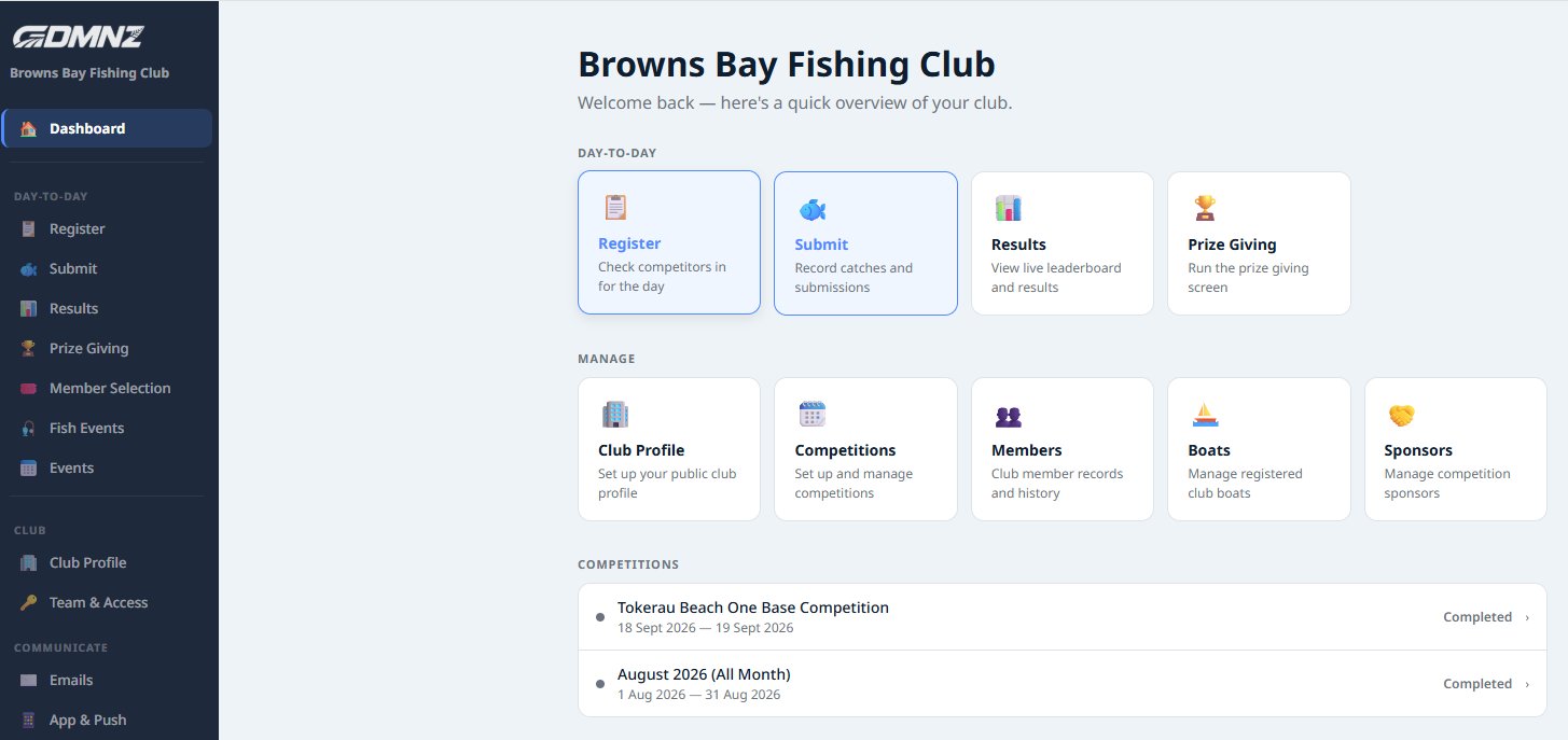 Browns Bay Fishing Club dashboard in Game Day Manager