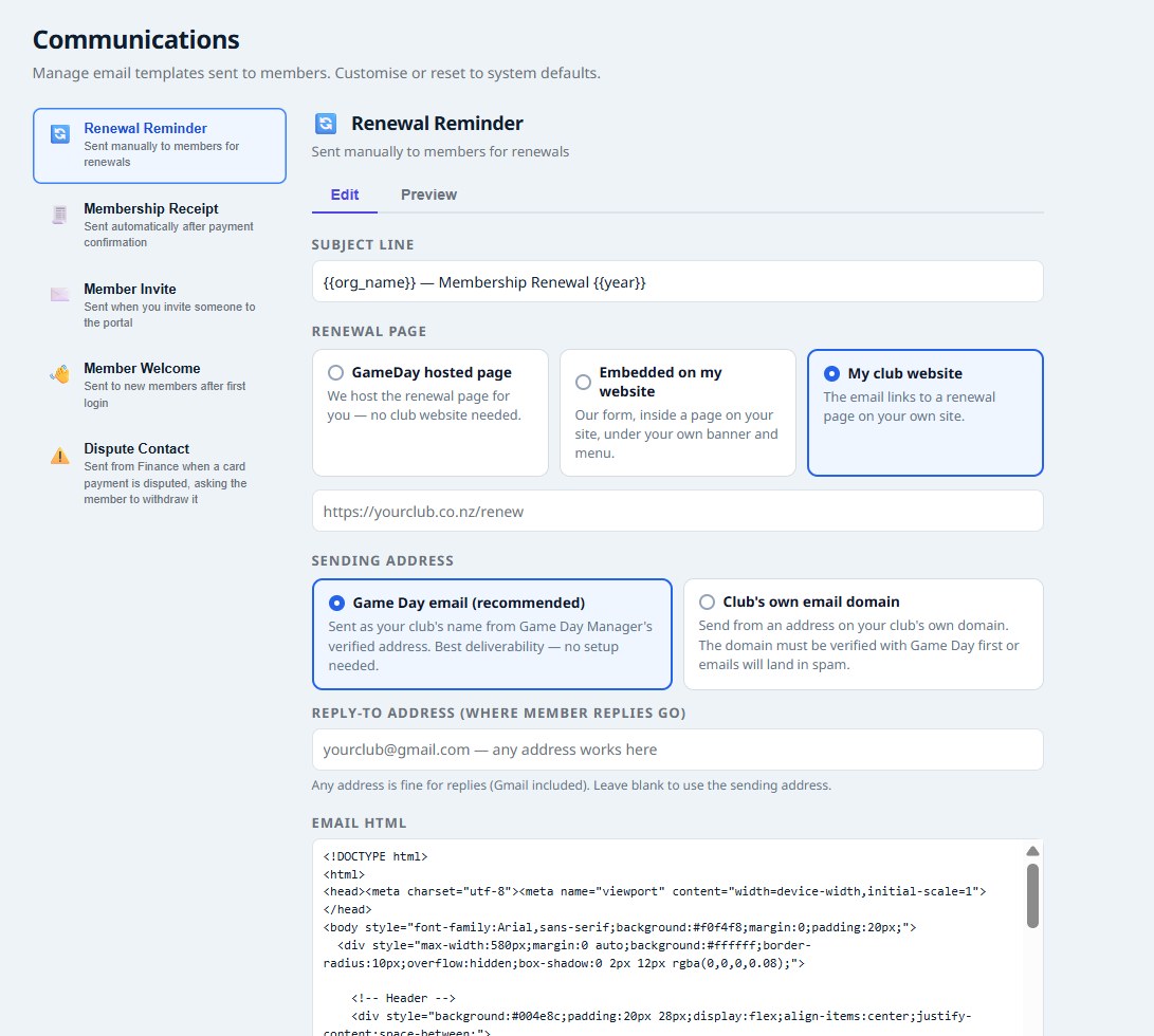 Communications: renewal email templates and the renewal page choice