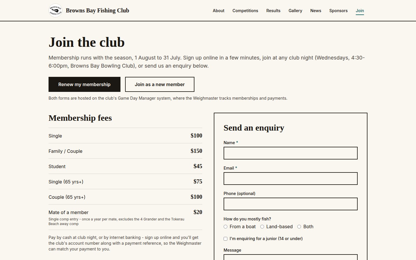 Join and renew on the Browns Bay Fishing Club website, priced by Game Day Manager